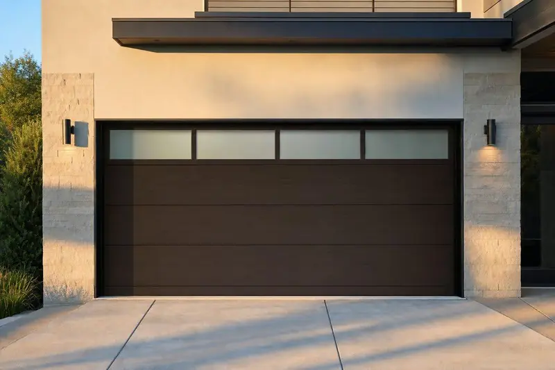 Modern flush-panel garage door with windows on a new home