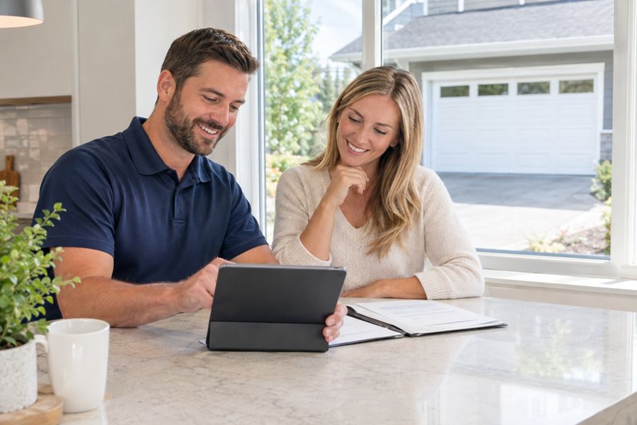 DPS Garage Doors reviewing a written garage door estimate and payment options with an Ottawa homeowner